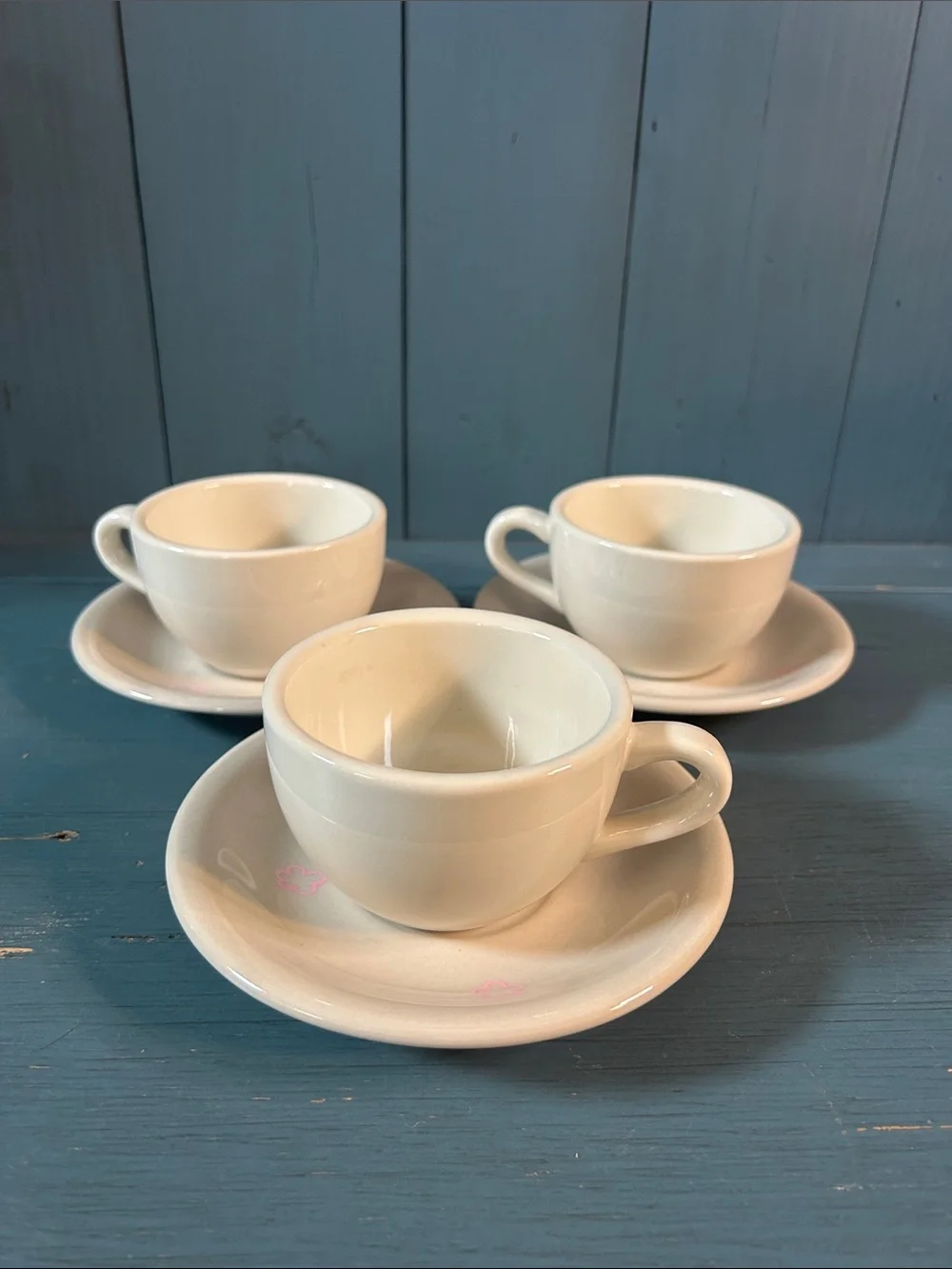 CAC Classic White Ceramic Teacups and Saucer Set - 3 Pieces | Pink Floral Detail